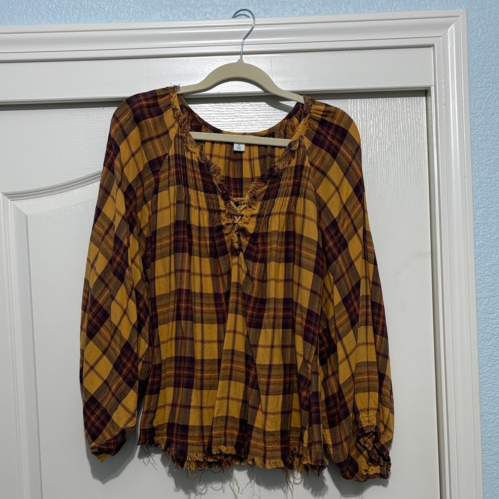 Sundance Mustard and Burgundy Plaid Blouse